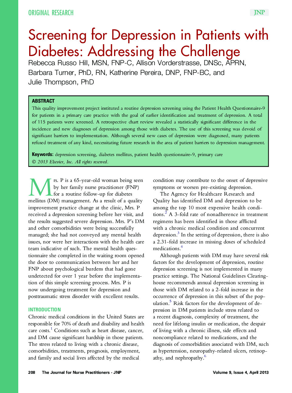 Screening for Depression in Patients with Diabetes: Addressing the Challenge 