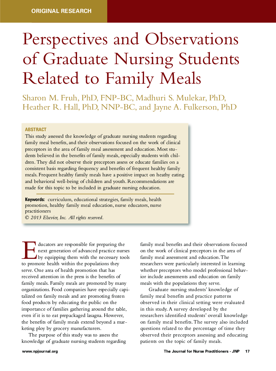 Perspectives and Observations of Graduate Nursing Students Related to Family Meals 