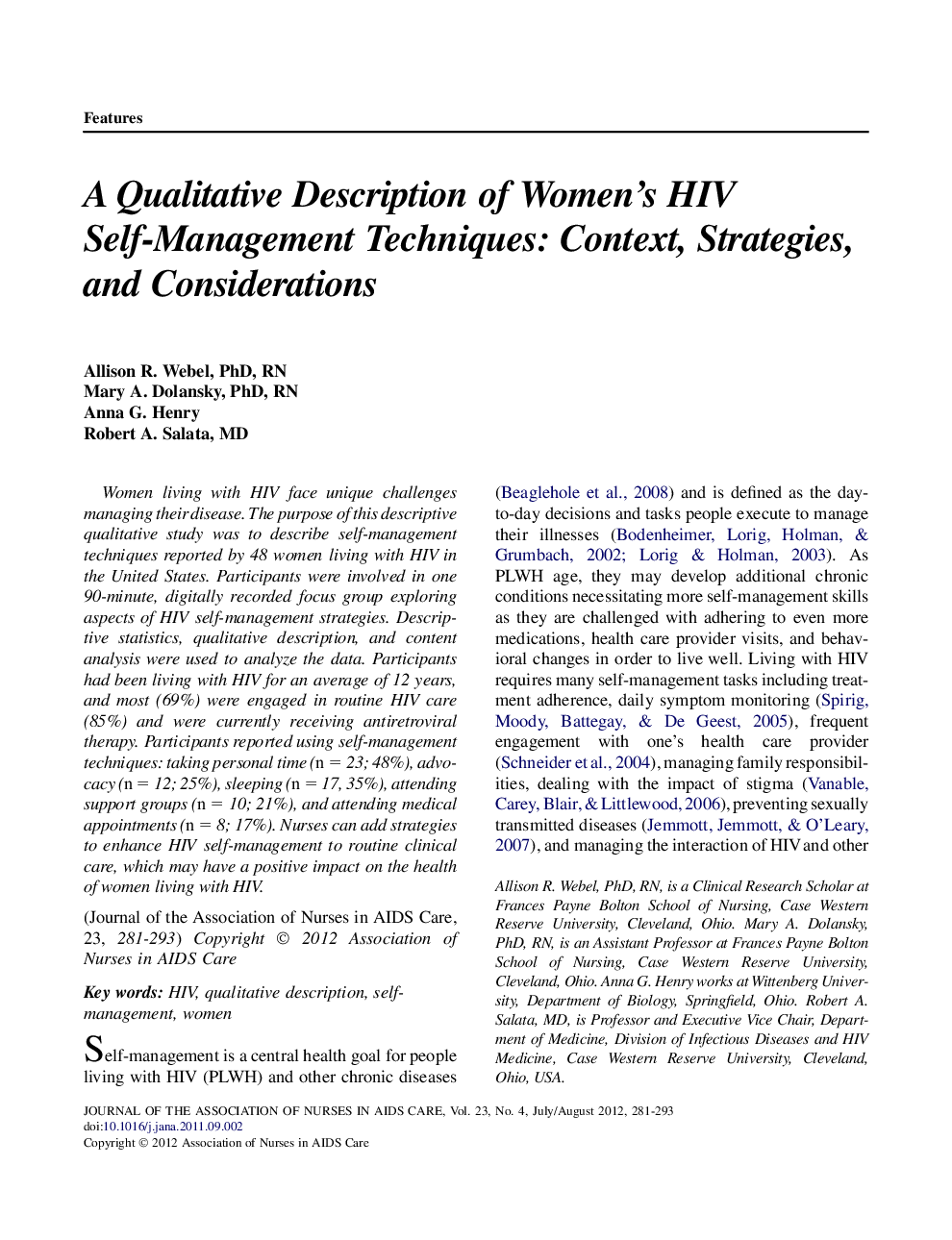 A Qualitative Description of Women’s HIV Self-Management Techniques: Context, Strategies, and Considerations