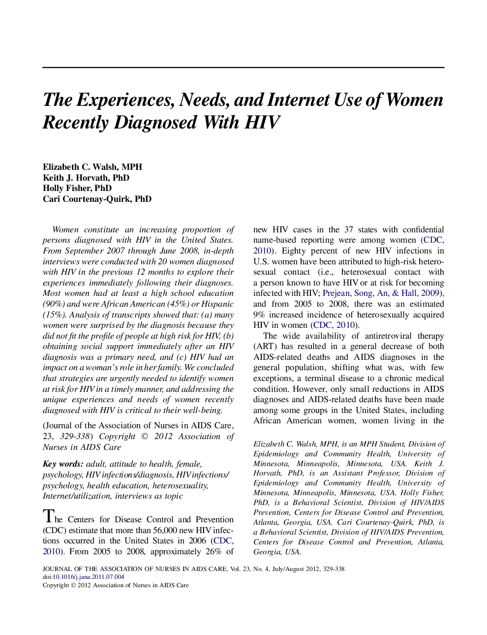 The Experiences, Needs, and Internet Use of Women Recently Diagnosed With HIV