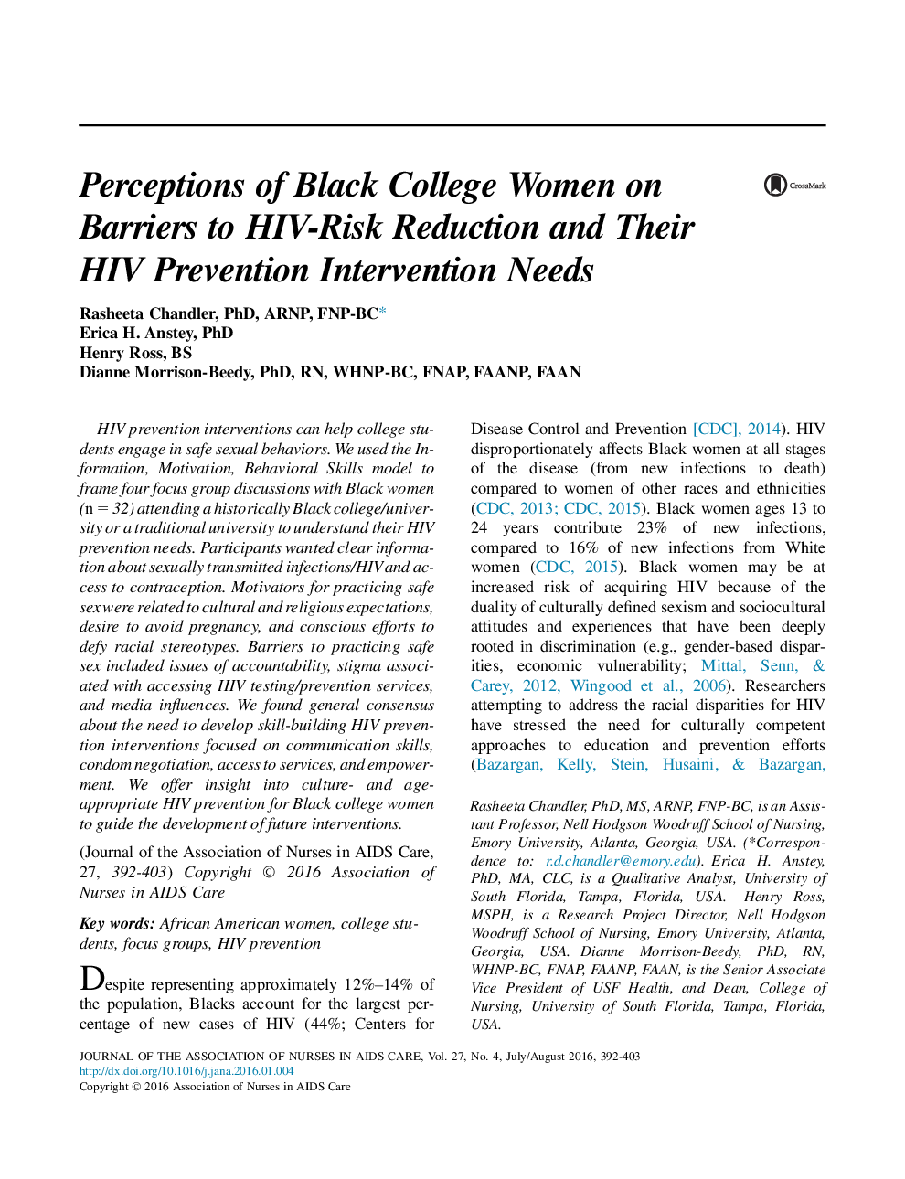 Perceptions of Black College Women on Barriers to HIV-Risk Reduction and Their HIV Prevention Intervention Needs