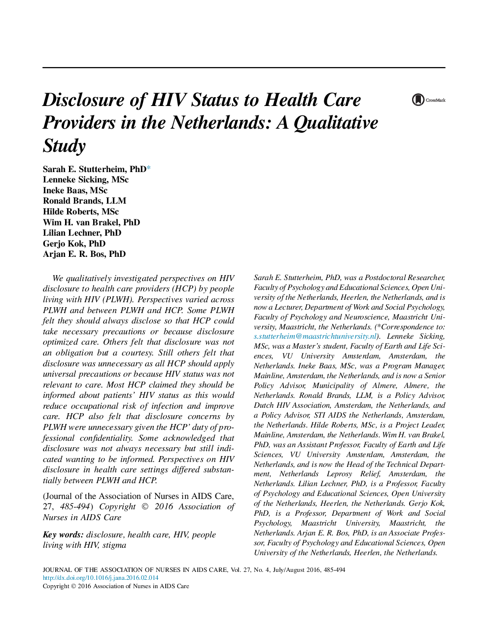 افشای وضعیت HIV به ارائه دهندگان مراقبت بهداشتی در هلند: یک مطالعه کیفی