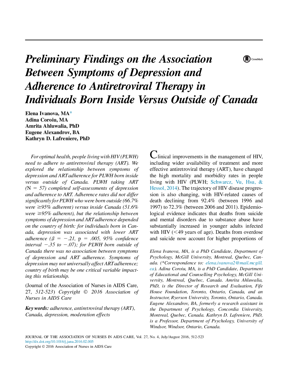 یافته های اولیه در ارتباط بین علائم افسردگی و پایبندی به درمان ضدویروسی در افراد داخل کانادا در مقابل افراد خارج از کانادا 