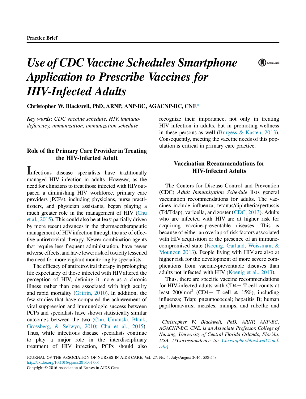 Use of CDC Vaccine Schedules Smartphone Application to Prescribe Vaccines for HIV-Infected Adults