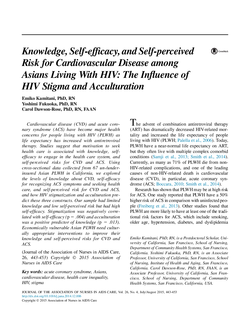 Knowledge, Self-efficacy, and Self-perceived Risk for Cardiovascular Disease among Asians Living With HIV: The Influence of HIV Stigma and Acculturation