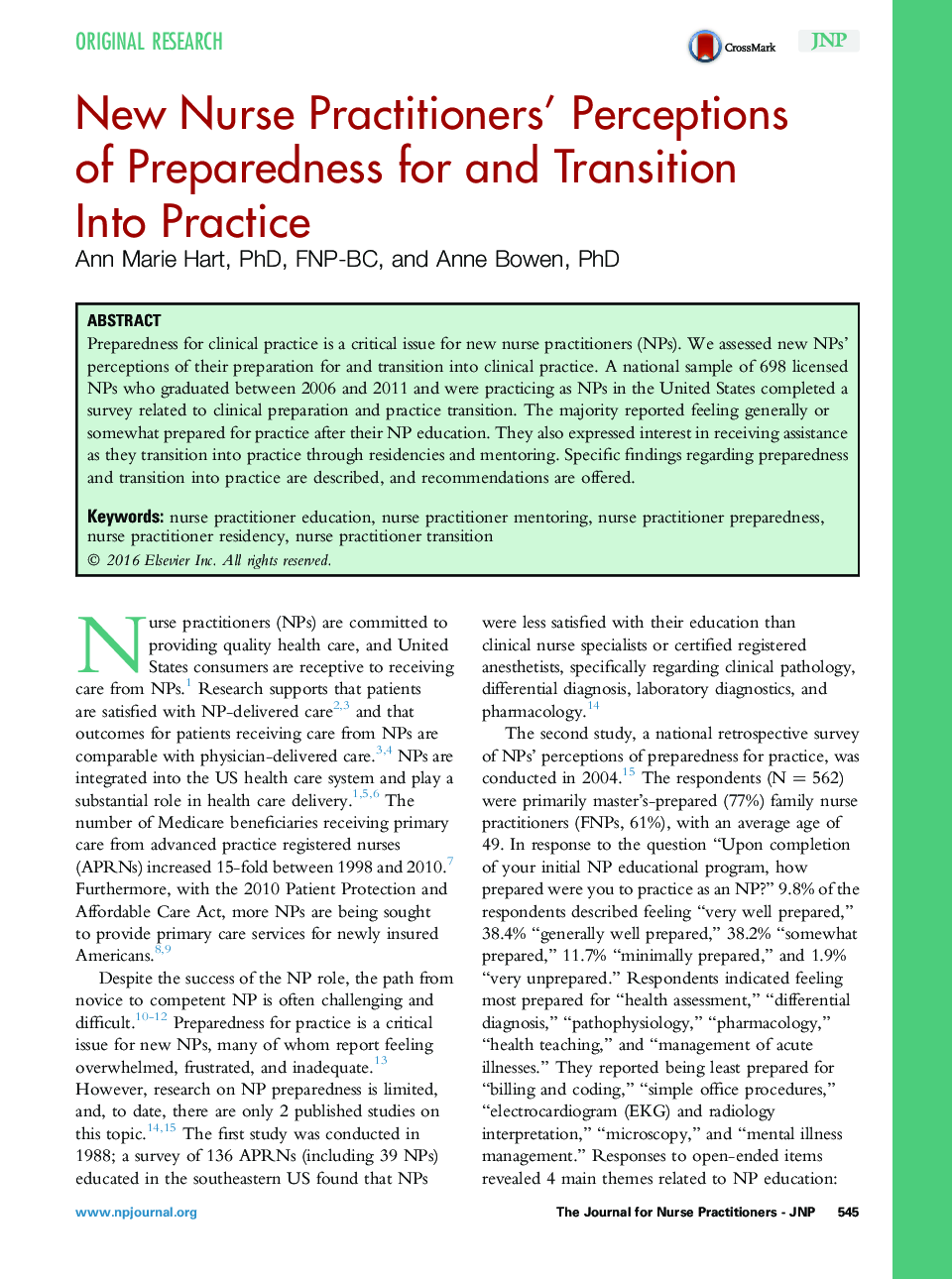 New Nurse Practitioners’ Perceptions of Preparedness for and Transition Into Practice 