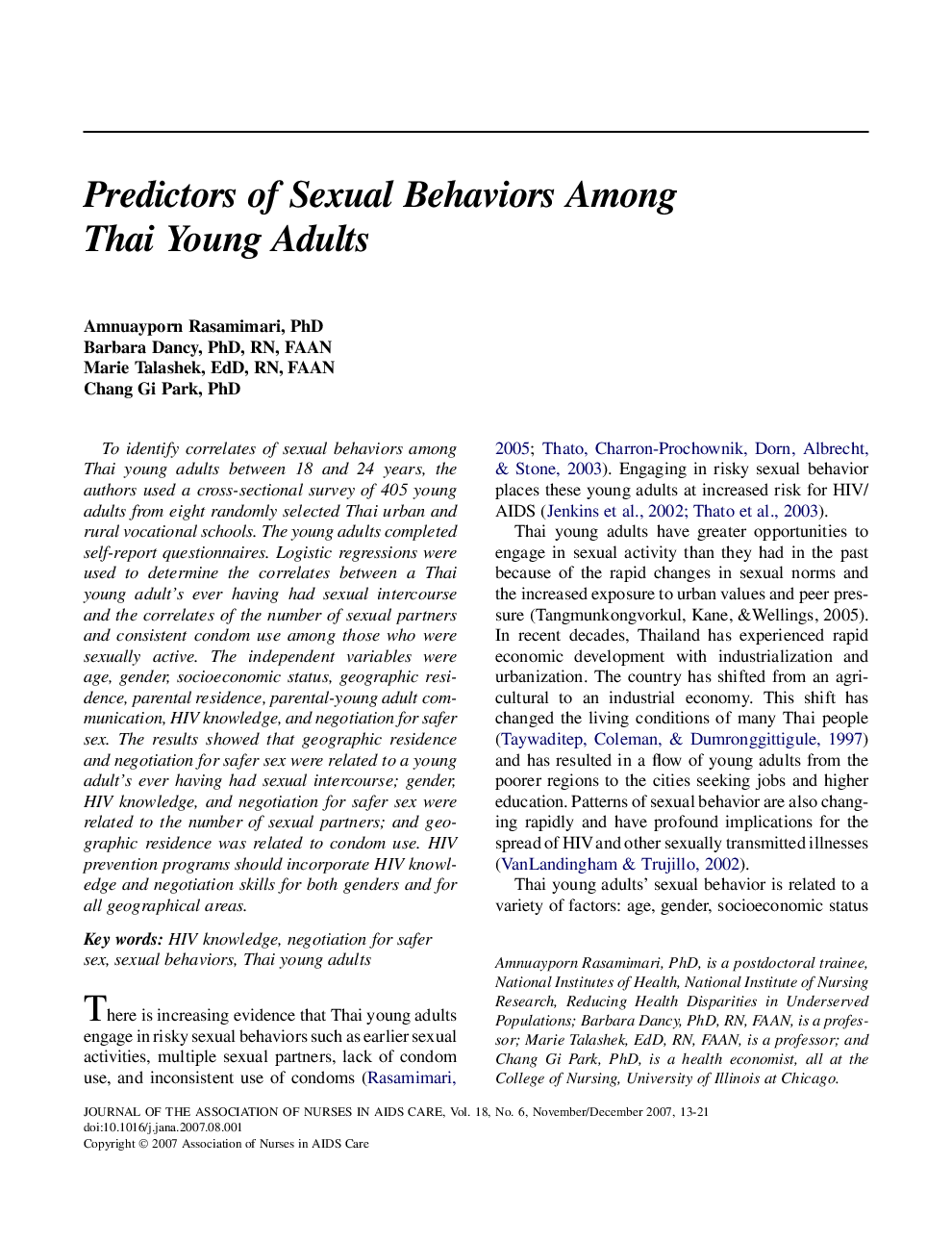 Predictors of Sexual Behaviors Among Thai Young Adults