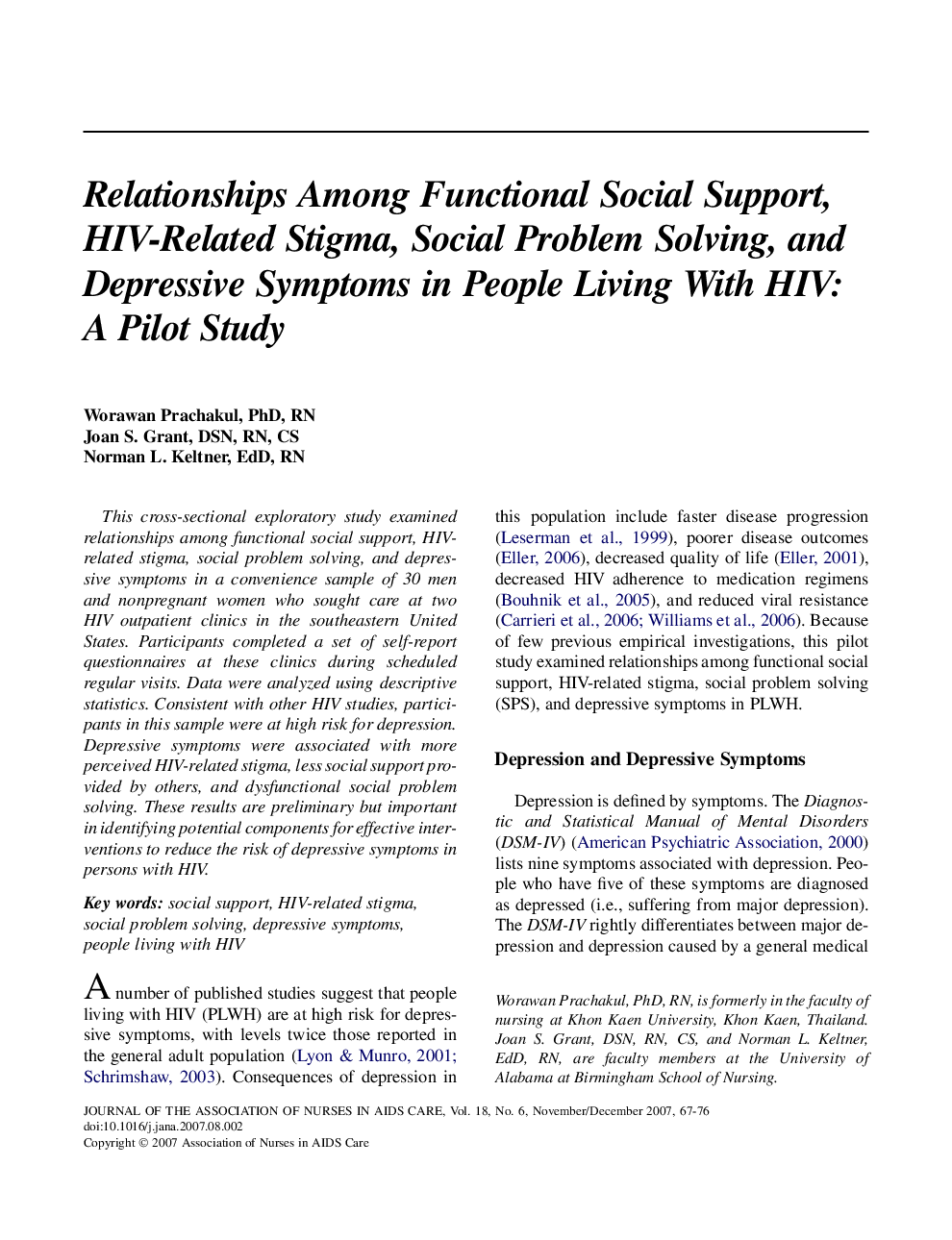 Relationships Among Functional Social Support, HIV-Related Stigma, Social Problem Solving, and Depressive Symptoms in People Living With HIV: A Pilot Study
