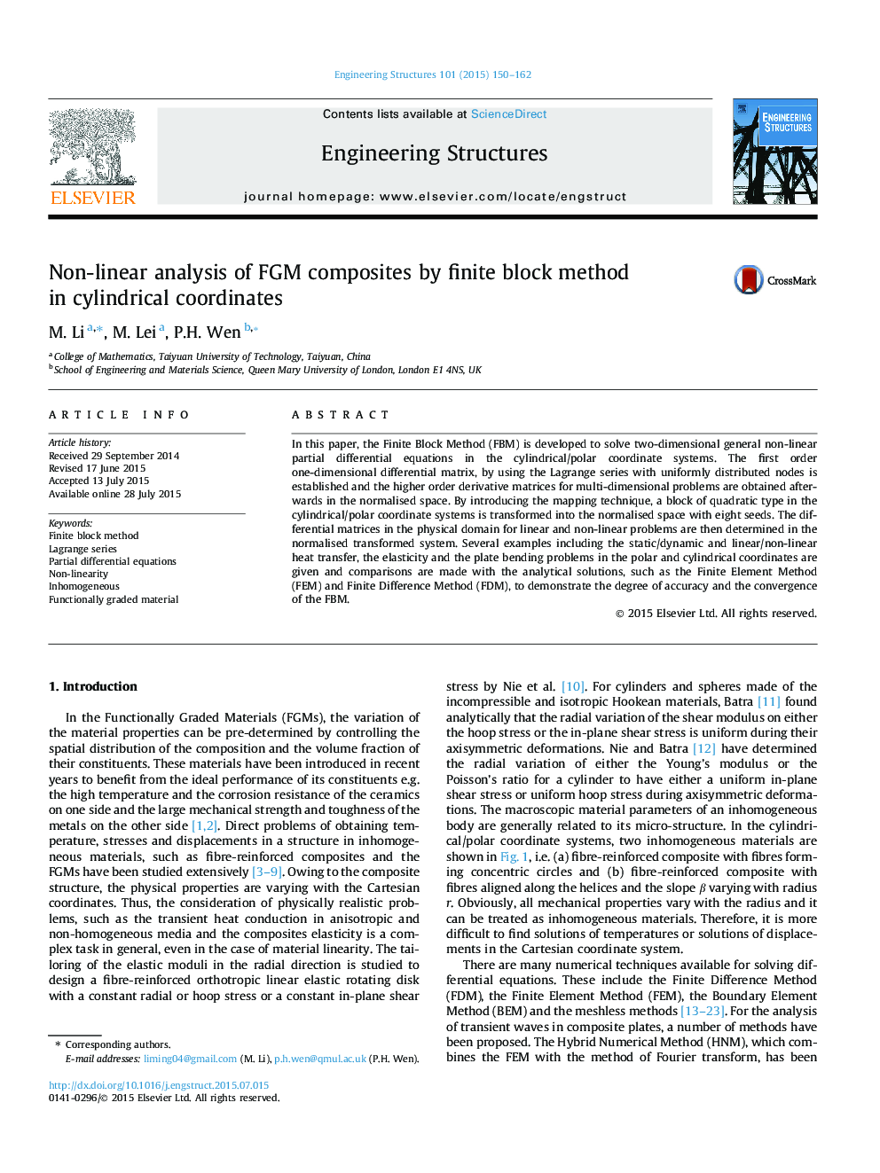 Non-linear analysis of FGM composites by finite block method in cylindrical coordinates