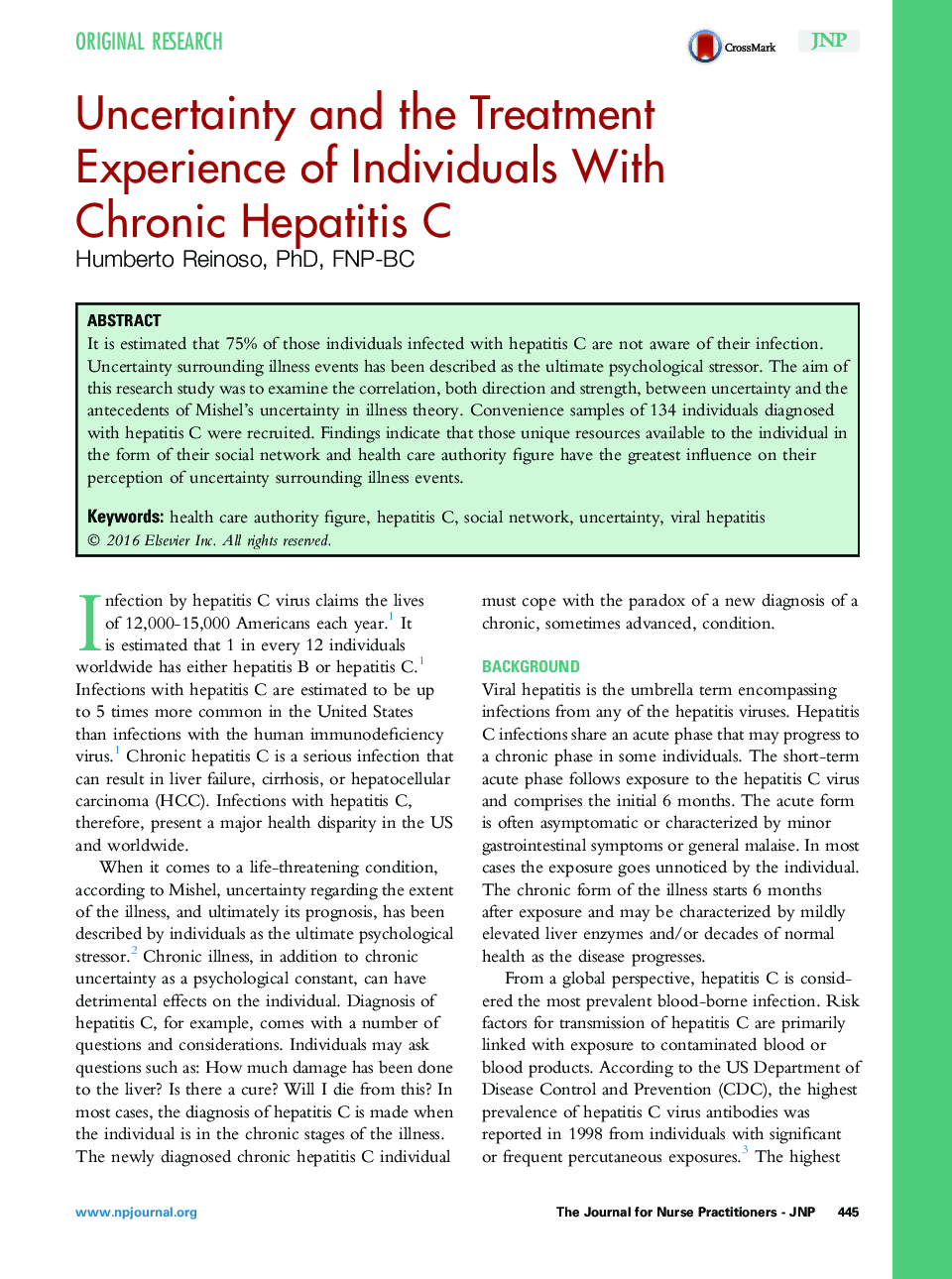 عدم اطمینان و تجربه درمان افراد مبتلا به هپاتیت مزمن C