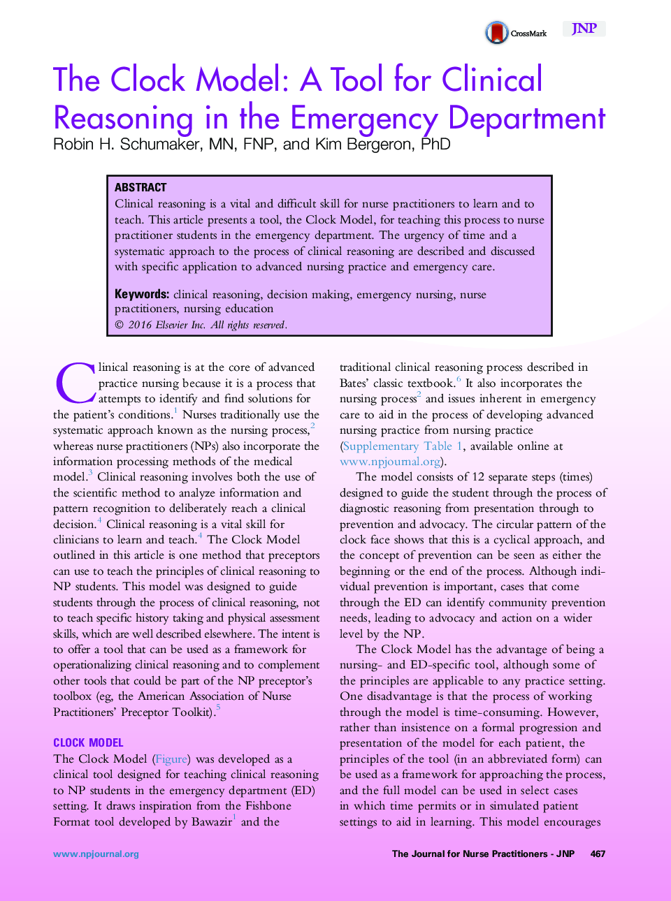 The Clock Model: A Tool for Clinical Reasoning in the Emergency Department 