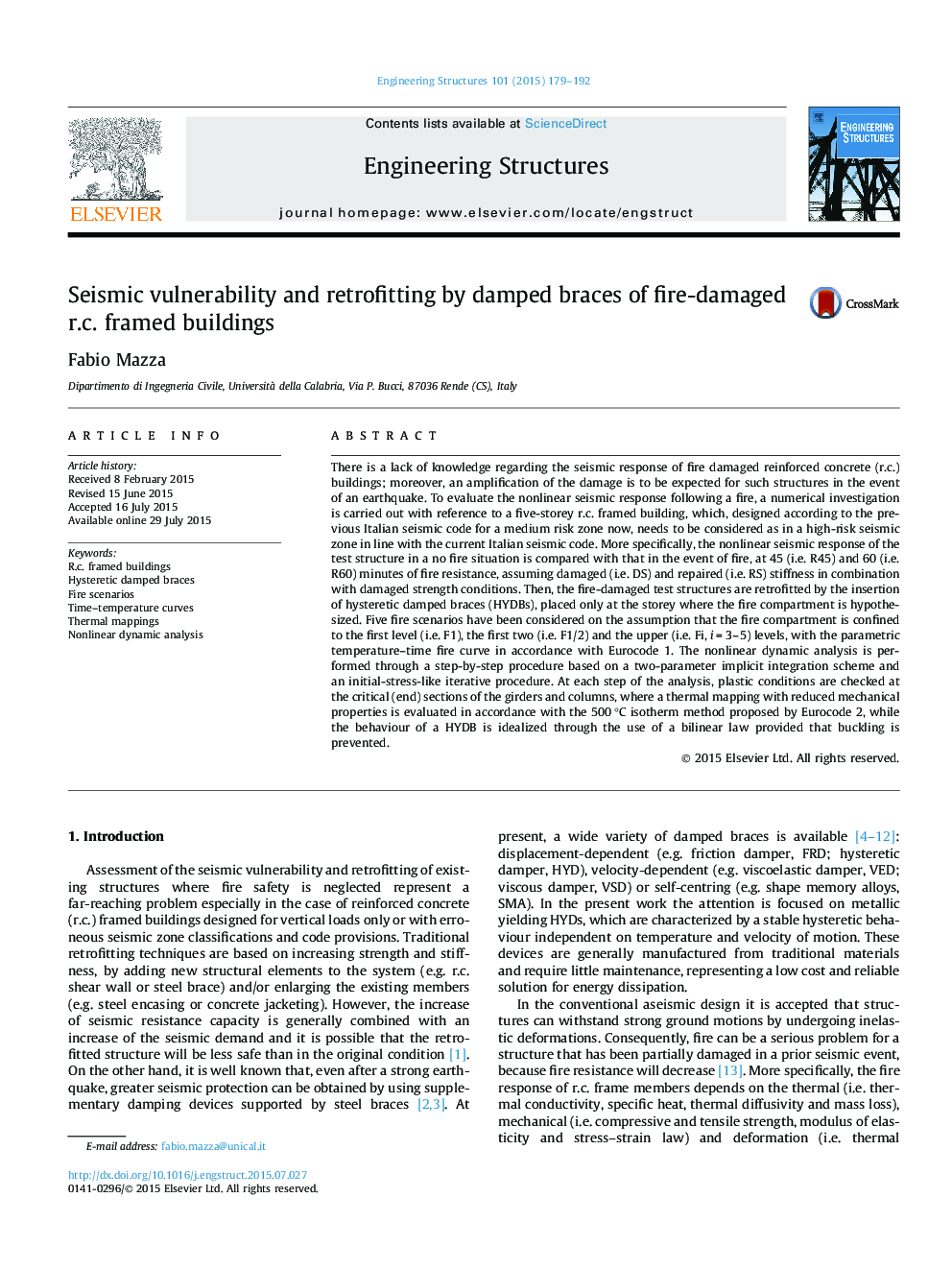 Seismic vulnerability and retrofitting by damped braces of fire-damaged r.c. framed buildings