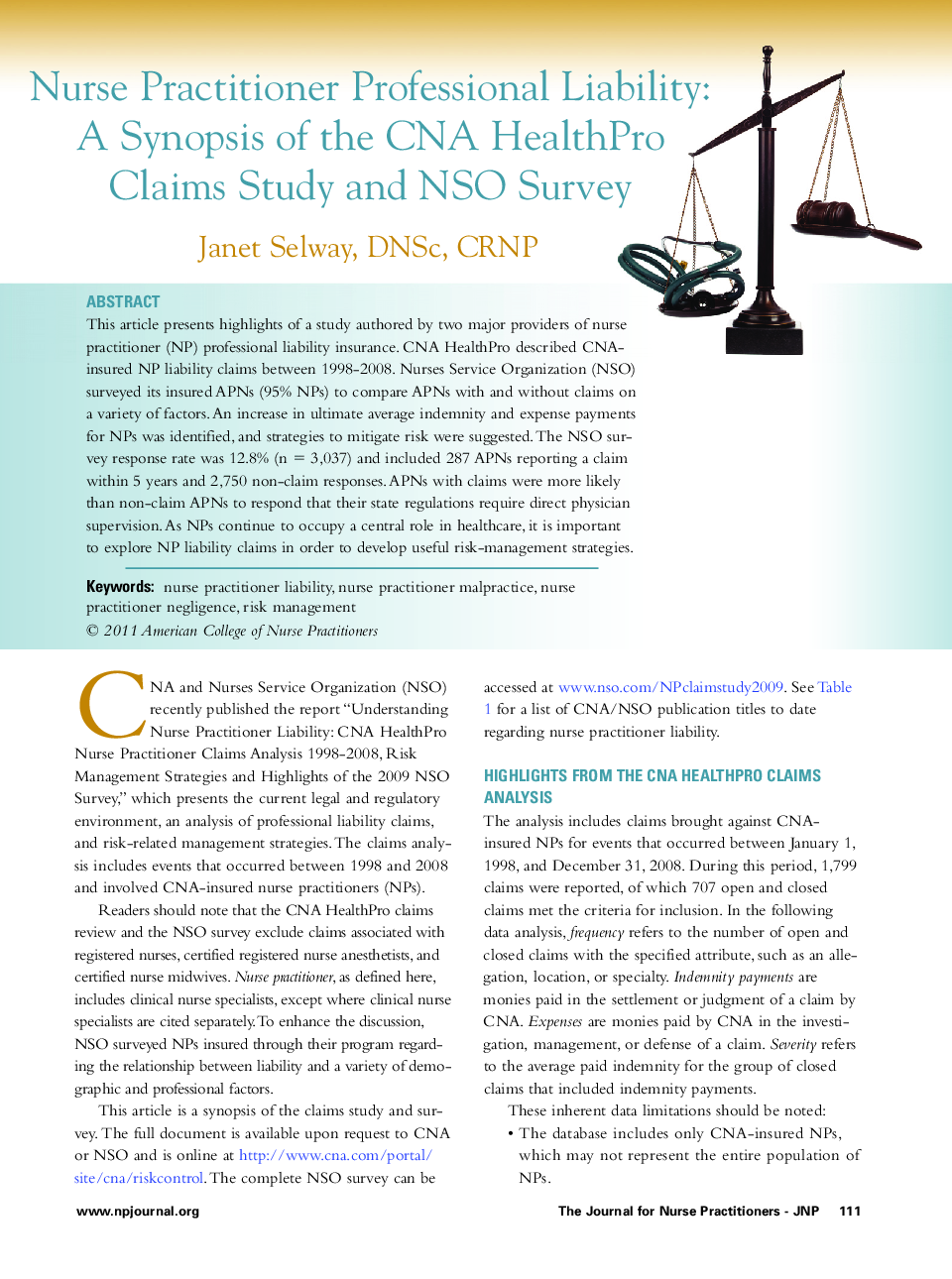 Nurse Practitioner Professional Liability: A Synopsis of the CNA HealthPro Claims Study and NSO Survey 