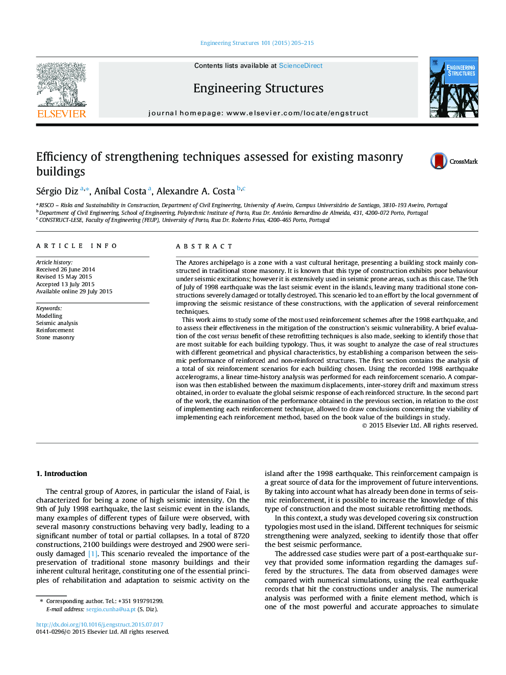 Efficiency of strengthening techniques assessed for existing masonry buildings