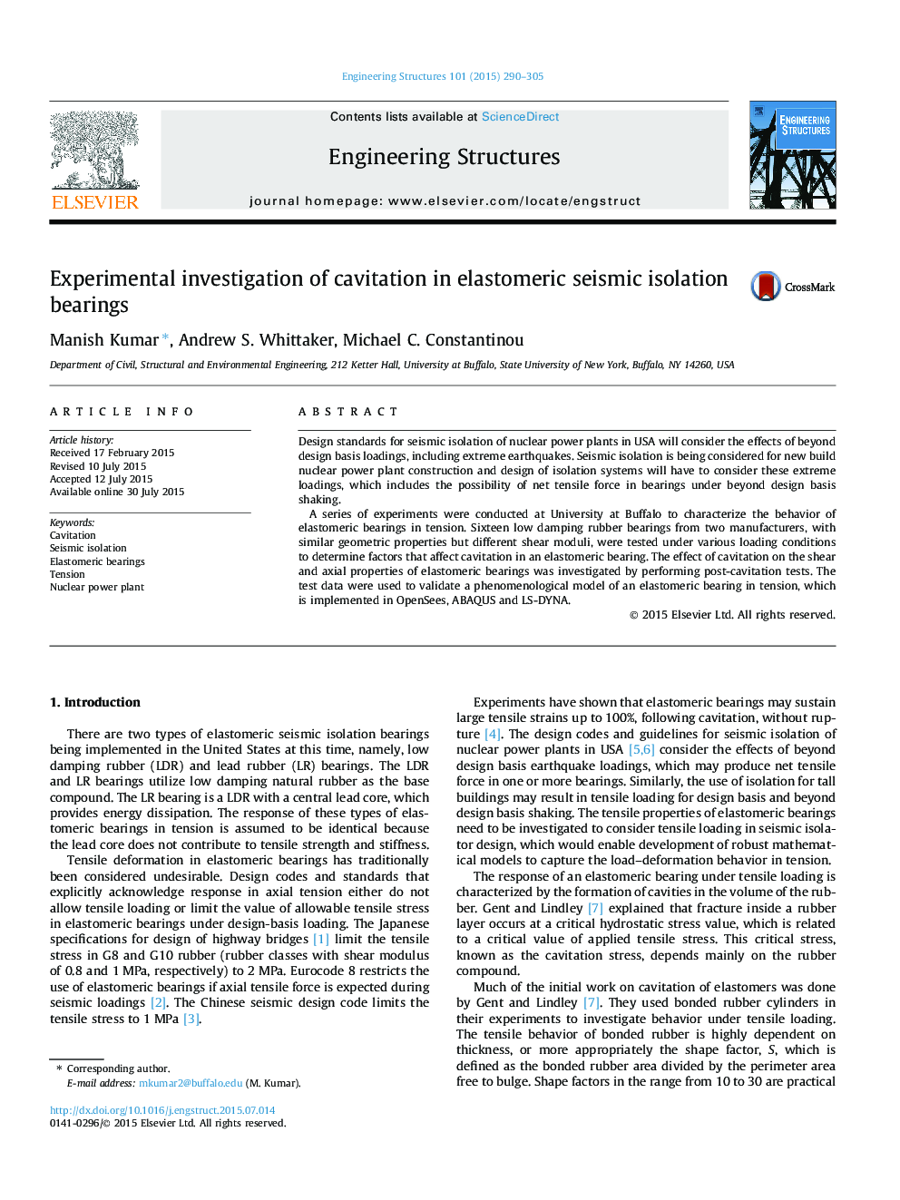 Experimental investigation of cavitation in elastomeric seismic isolation bearings