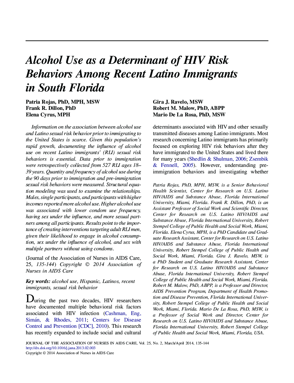 استفاده از الکل به عنوان تعیین کننده رفتارهای پرخطر اچ آی وی در میان مهاجران مهاجر در فلوریدای جنوبی