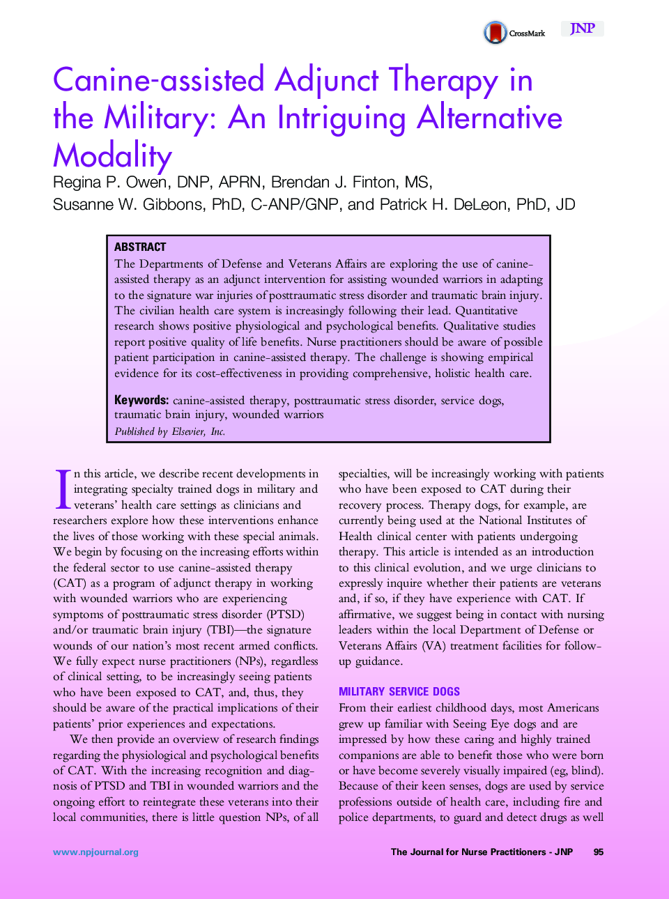 Canine-assisted Adjunct Therapy in the Military: An Intriguing Alternative Modality 