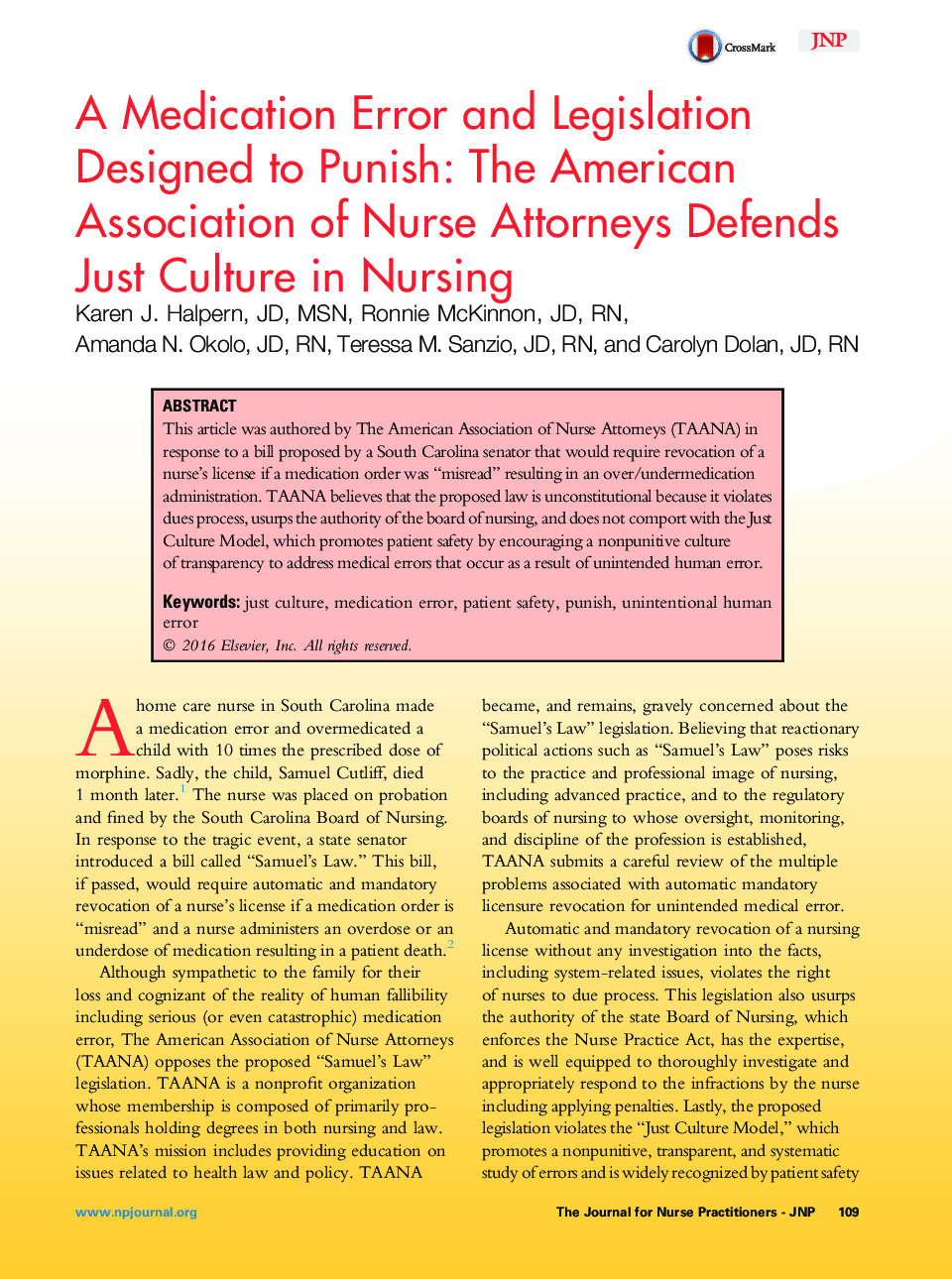 A Medication Error and Legislation Designed to Punish: The American Association of Nurse Attorneys Defends Just Culture in Nursing 
