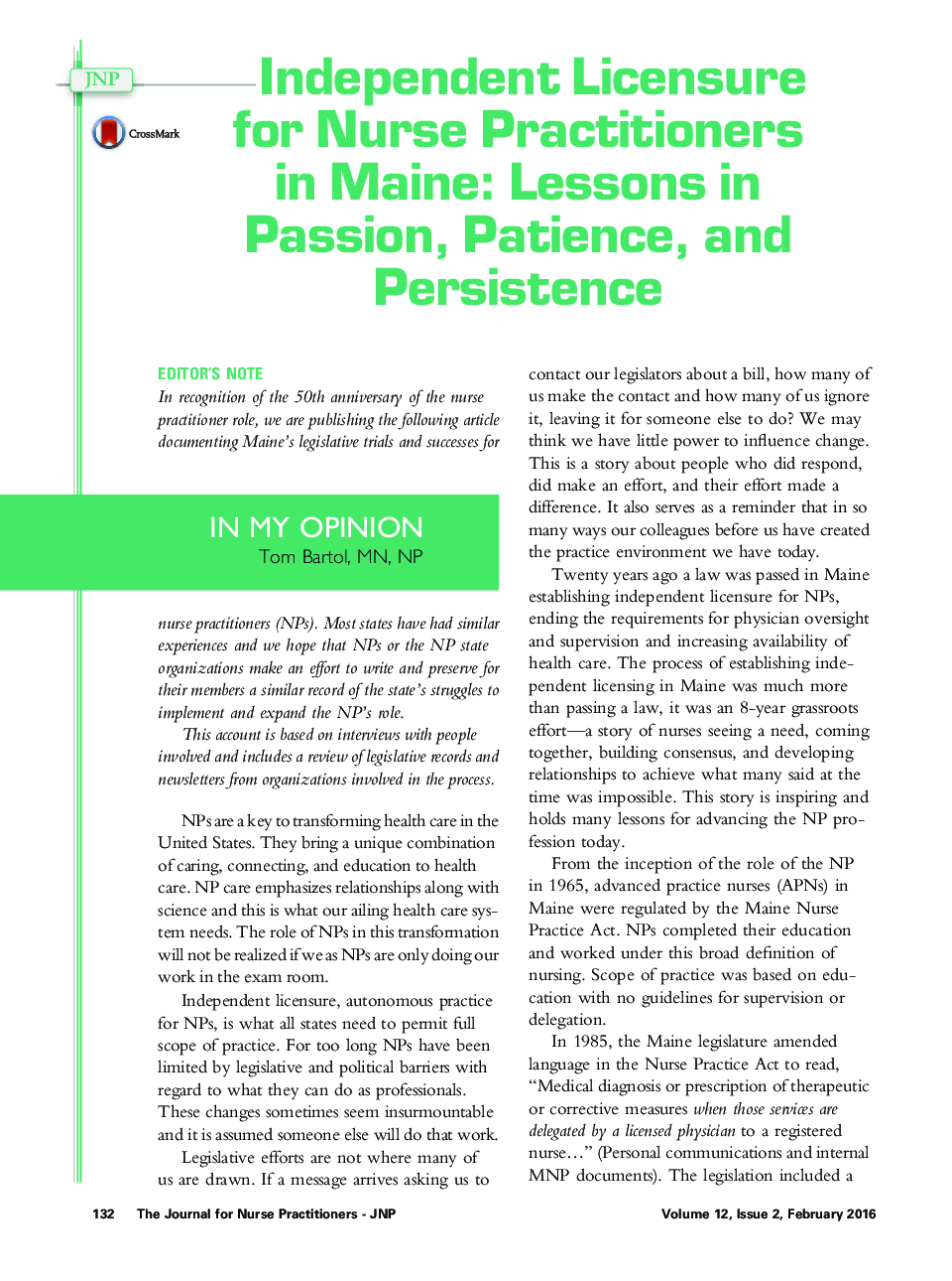 Independent Licensure for Nurse Practitioners in Maine: Lessons in Passion, Patience, and Persistence