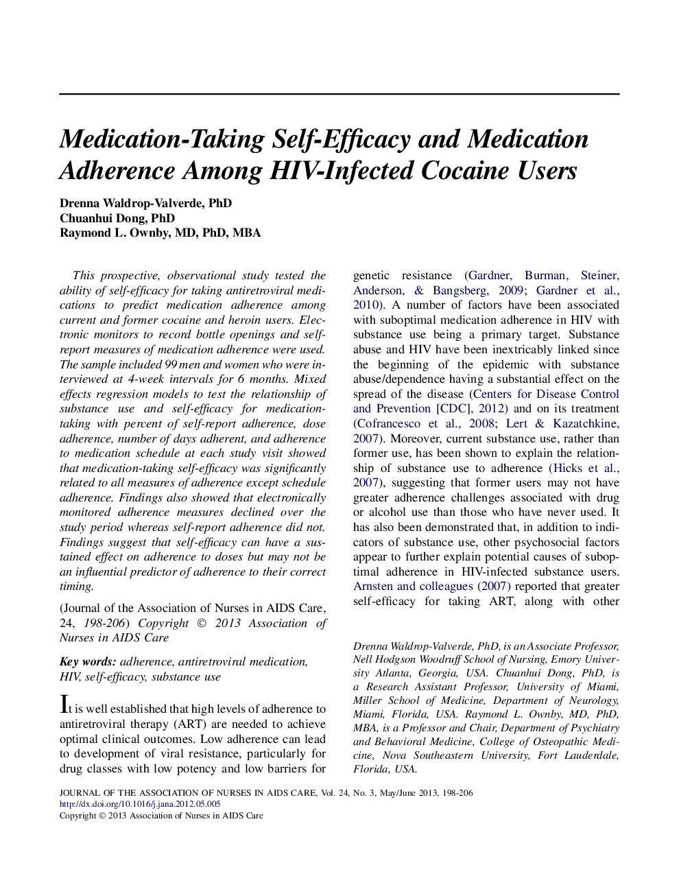 Medication-Taking Self-Efficacy and Medication Adherence Among HIV-Infected Cocaine Users