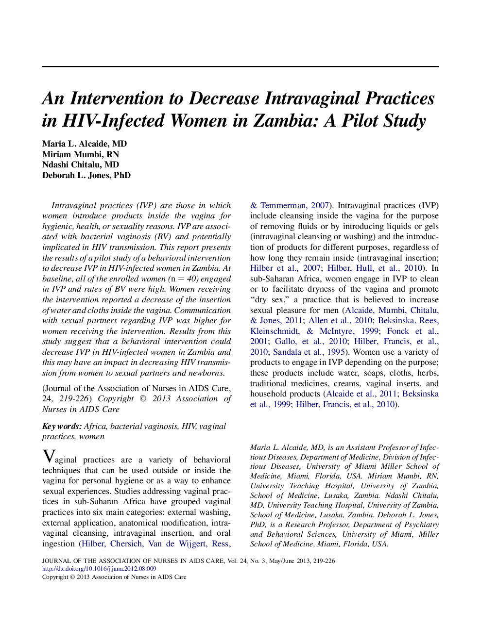 An Intervention to Decrease Intravaginal Practices in HIV-Infected Women in Zambia: A Pilot Study