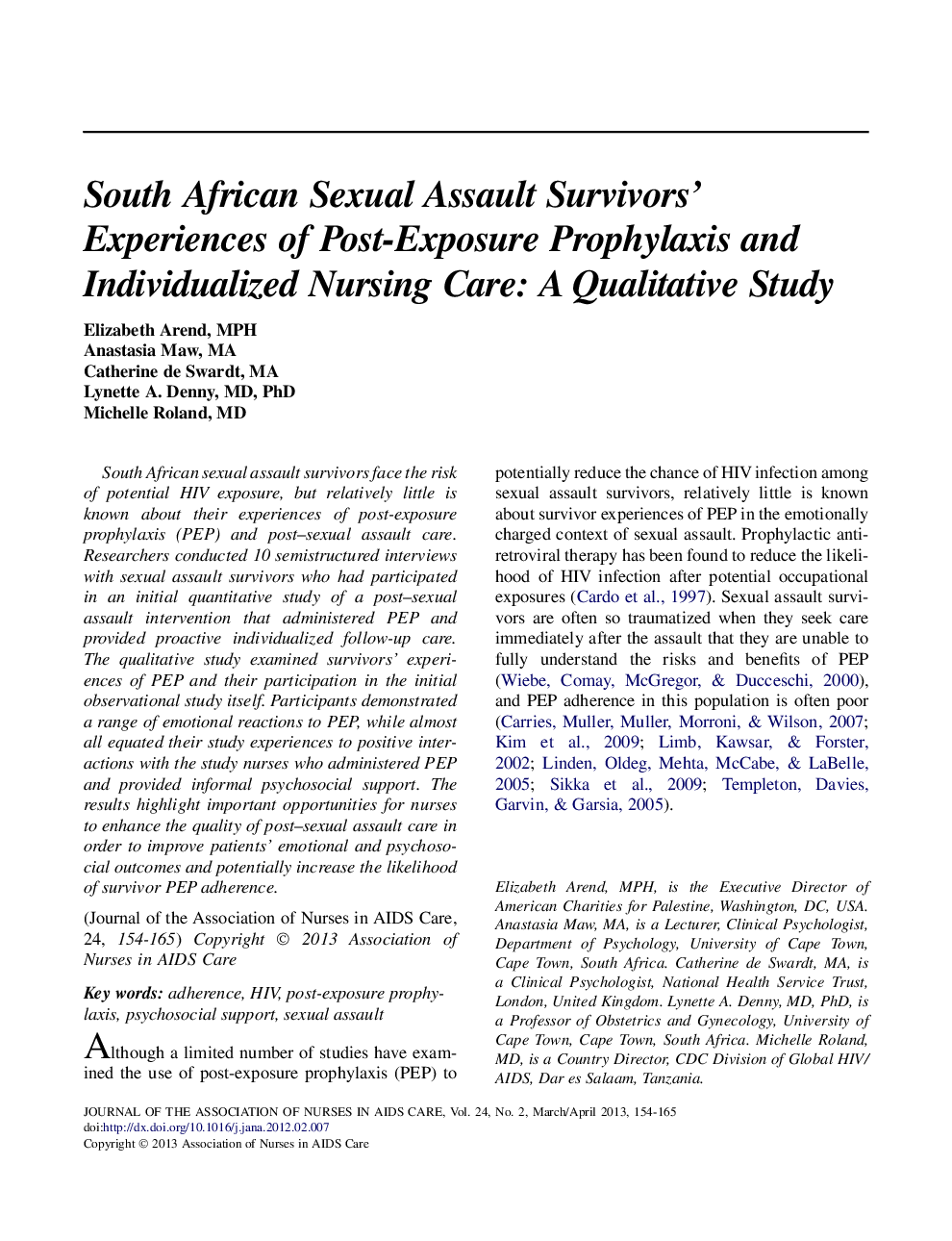 South African Sexual Assault Survivors' Experiences of Post-Exposure Prophylaxis and Individualized Nursing Care: A Qualitative Study