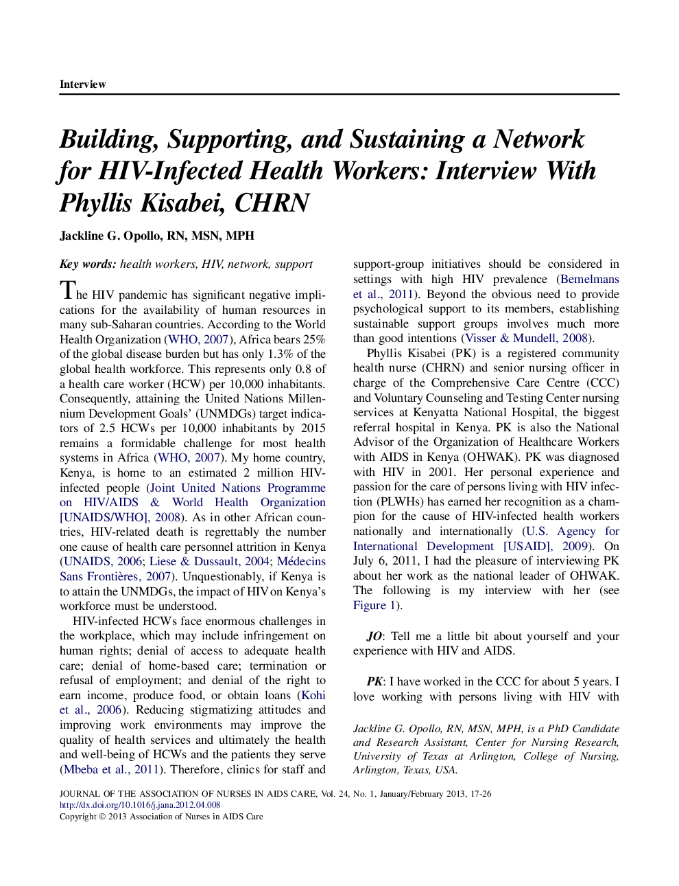 Building, Supporting, and Sustaining a Network for HIV-Infected Health Workers: Interview With Phyllis Kisabei, CHRN
