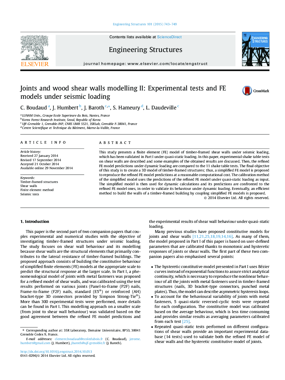 Joints and wood shear walls modelling II: Experimental tests and FE models under seismic loading