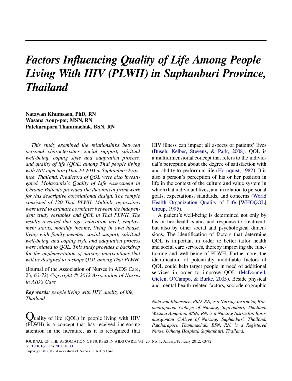 Factors Influencing Quality of Life Among People Living With HIV (PLWH) in Suphanburi Province, Thailand