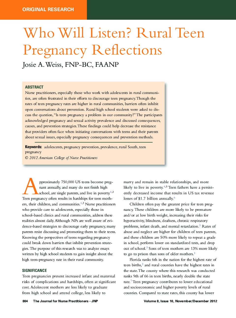 Who Will Listen? Rural Teen Pregnancy Reflections 