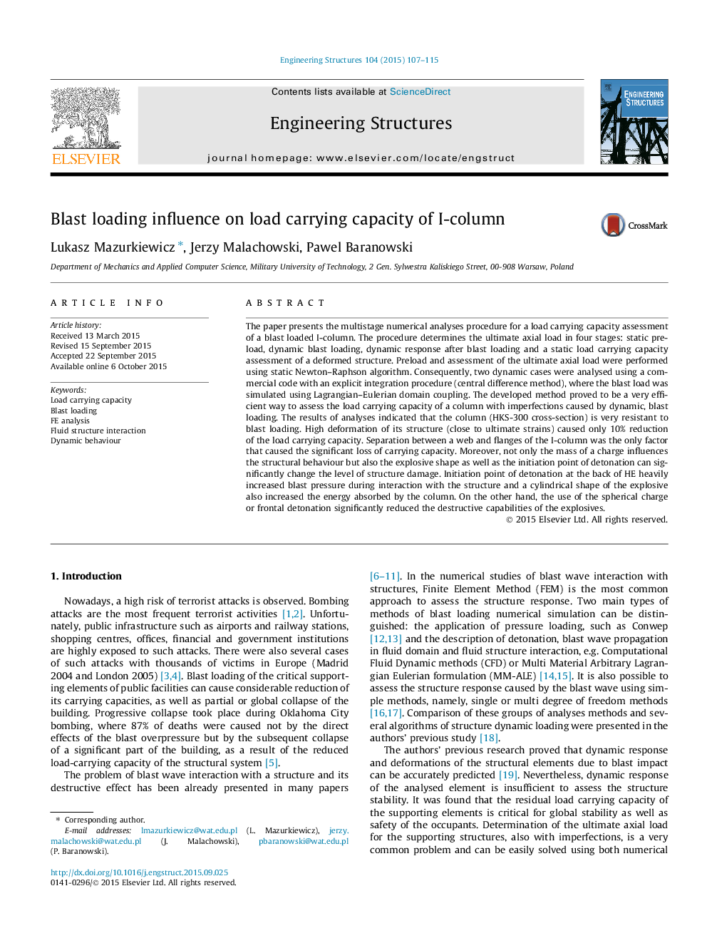 Blast loading influence on load carrying capacity of I-column