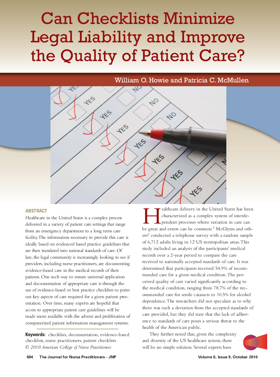 Can Checklists Minimize Legal Liability and Improve the Quality of Patient Care? 