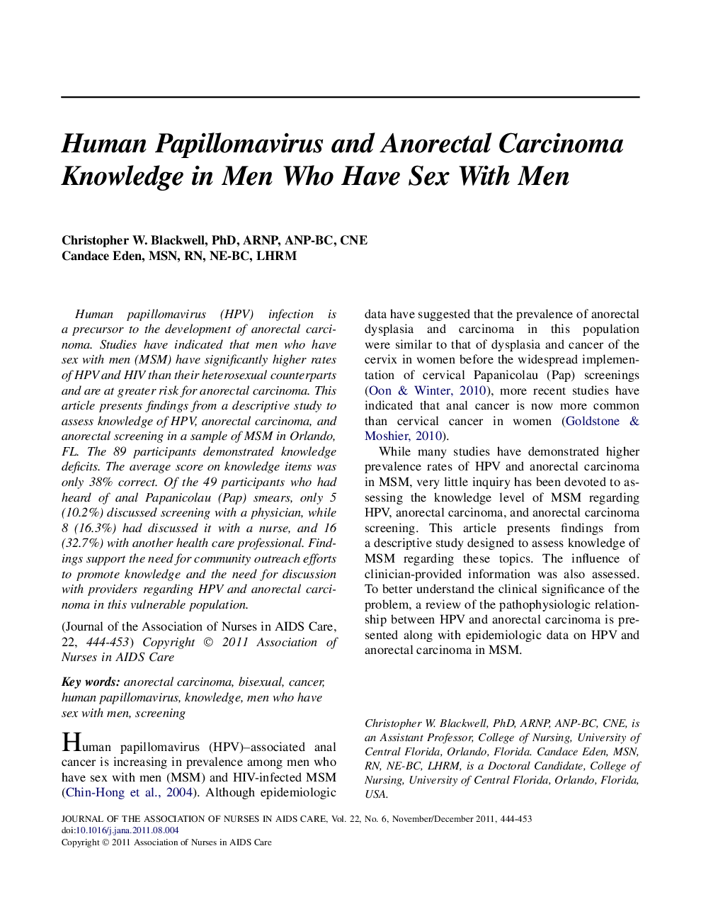 Human Papillomavirus and Anorectal Carcinoma Knowledge in Men Who Have Sex With Men