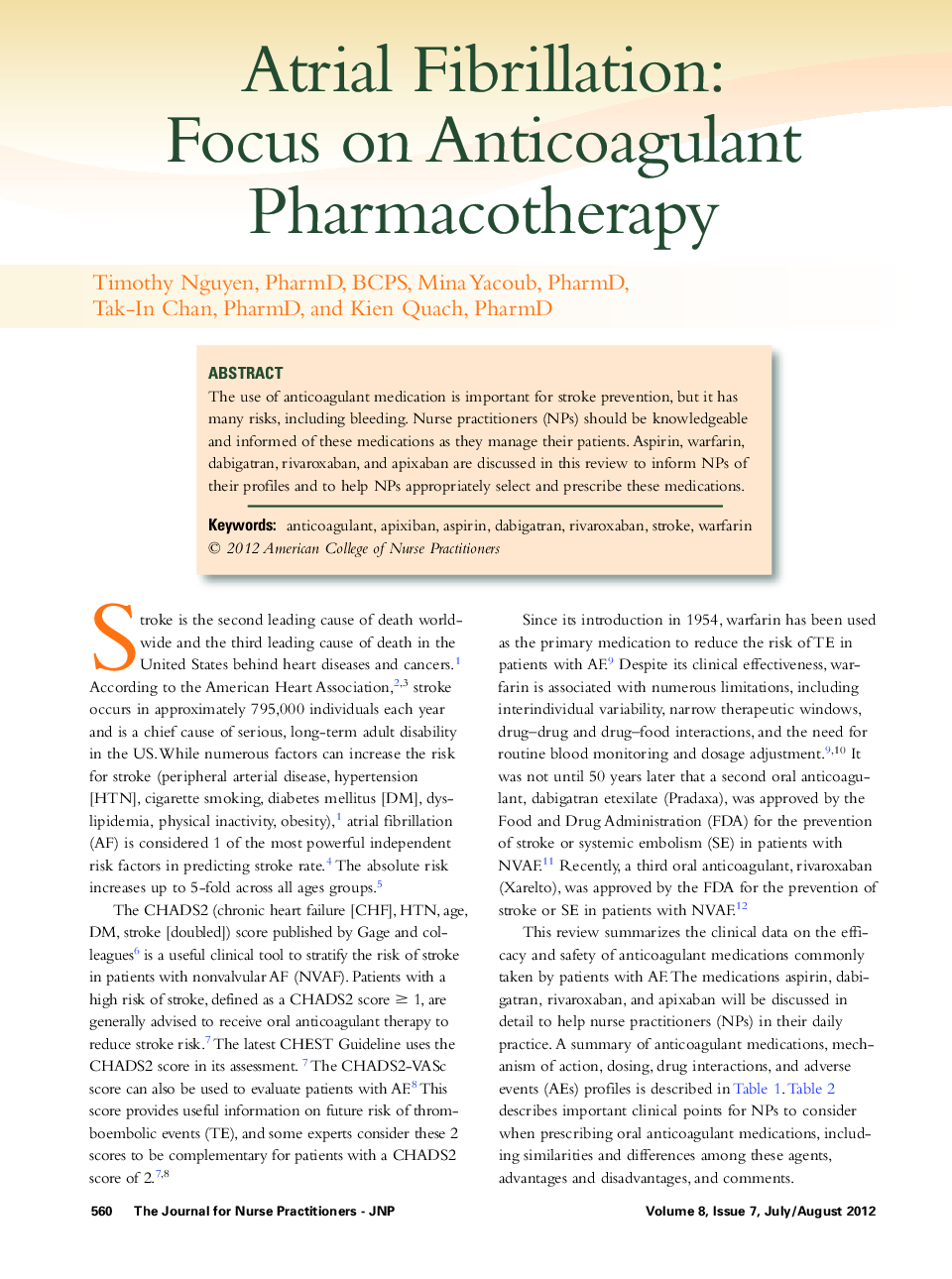 Atrial Fibrillation: Focus on Anticoagulant Pharmacotherapy 