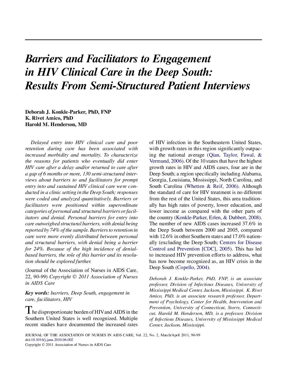 Barriers and Facilitators to Engagement in HIV Clinical Care in the Deep South: Results From Semi-Structured Patient Interviews