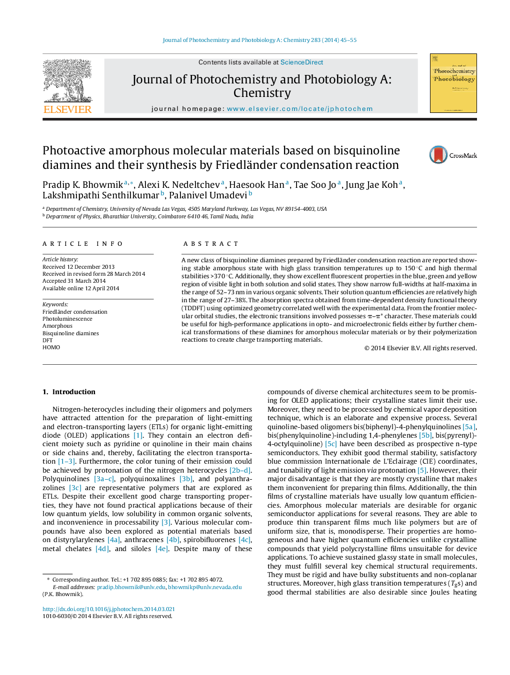 Photoactive amorphous molecular materials based on bisquinoline diamines and their synthesis by Friedländer condensation reaction