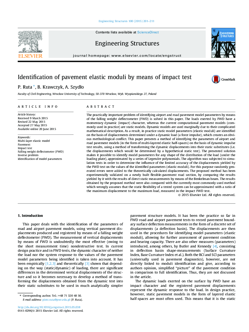 Identification of pavement elastic moduli by means of impact test