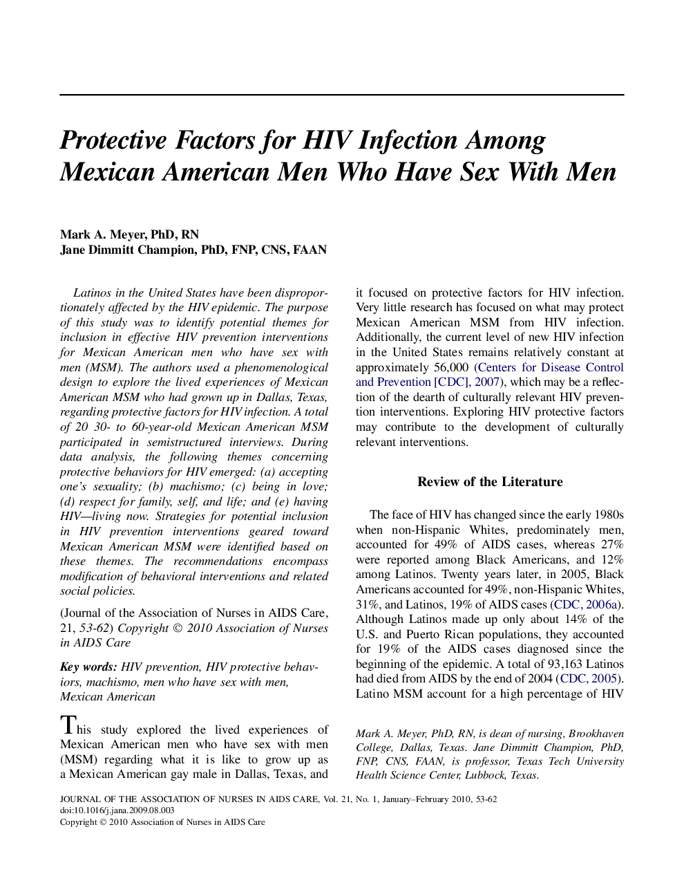 Protective Factors for HIV Infection Among Mexican American Men Who Have Sex With Men