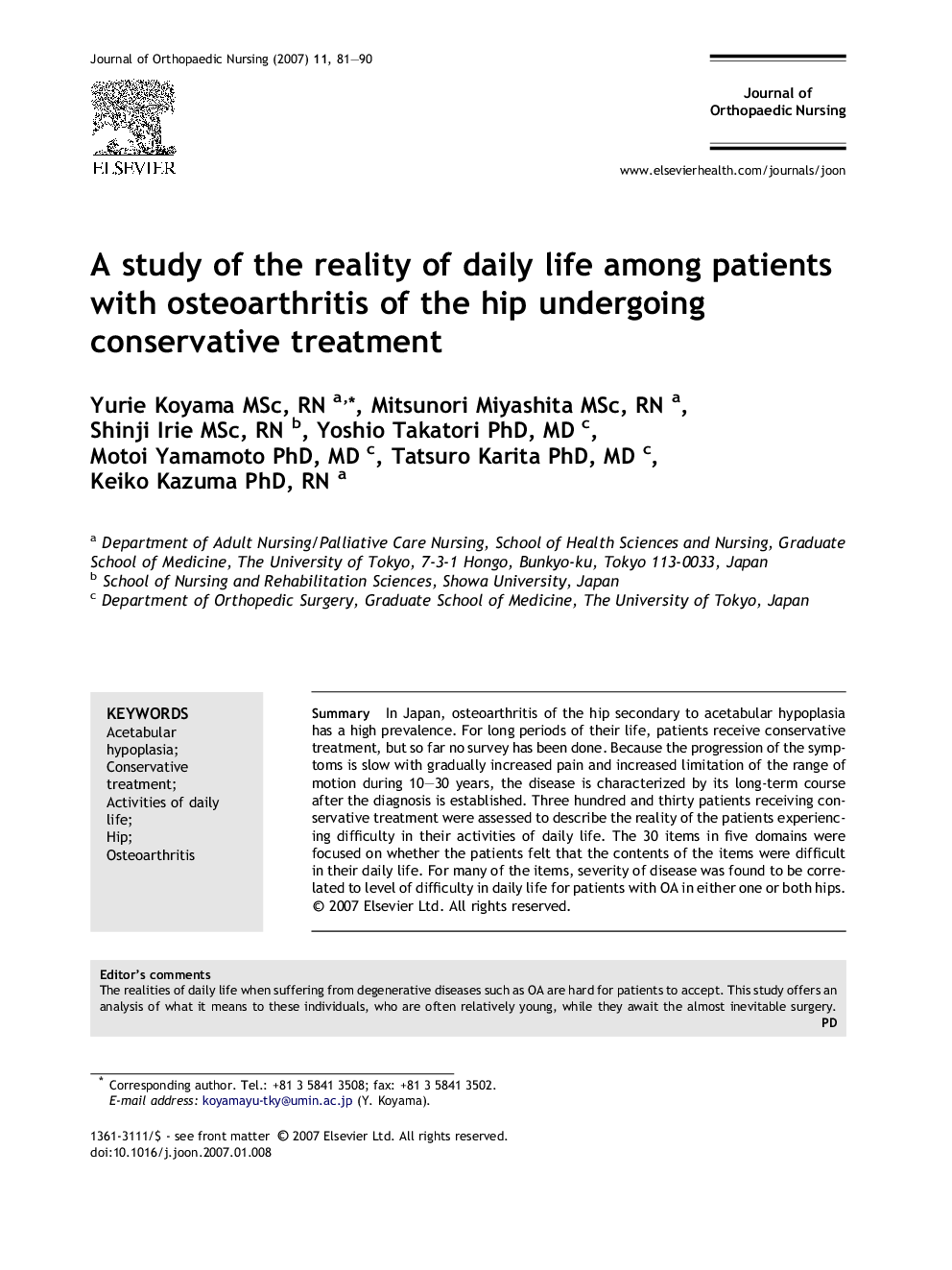 A study of the reality of daily life among patients with osteoarthritis of the hip undergoing conservative treatment