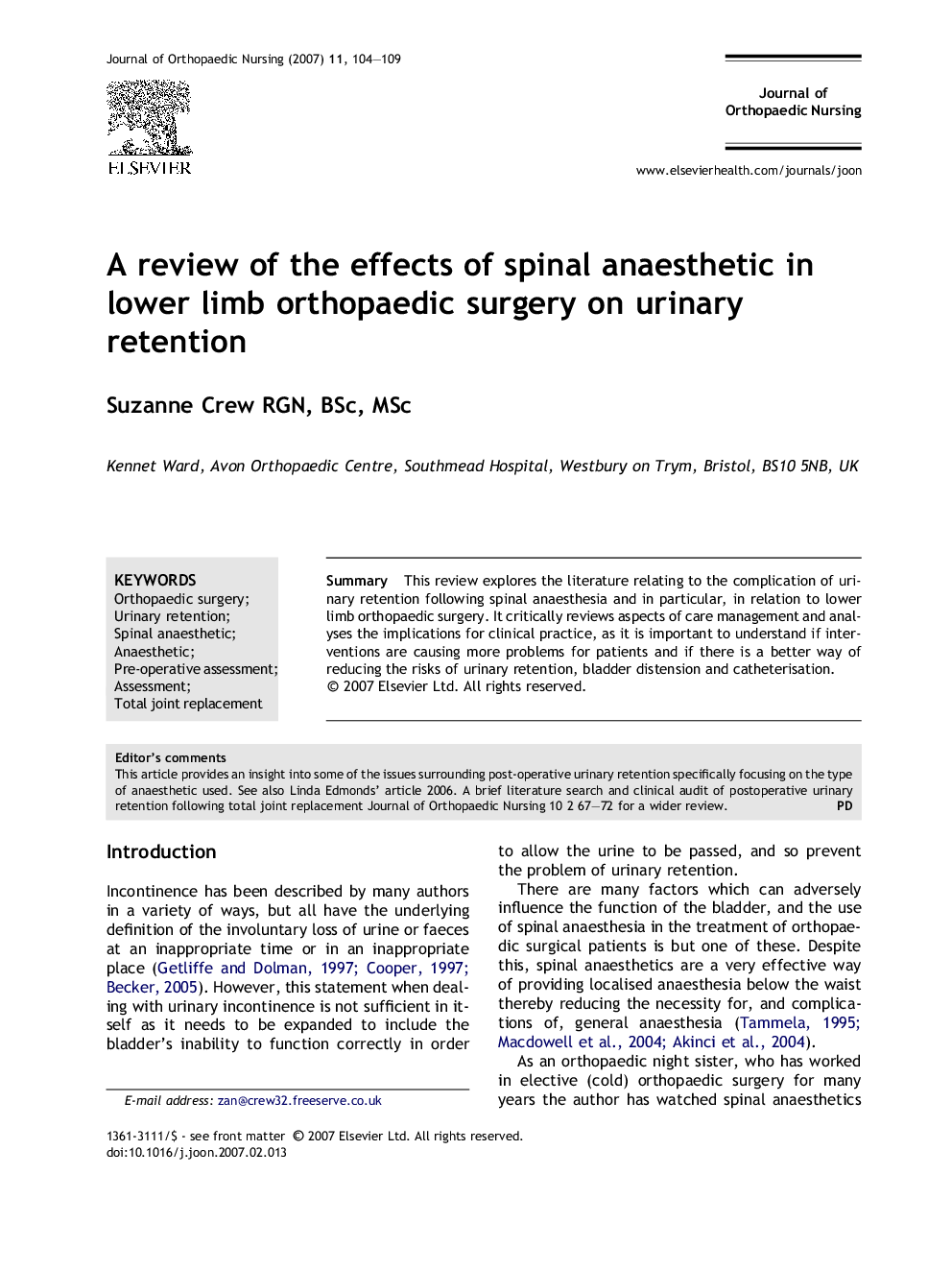 A review of the effects of spinal anaesthetic in lower limb orthopaedic surgery on urinary retention