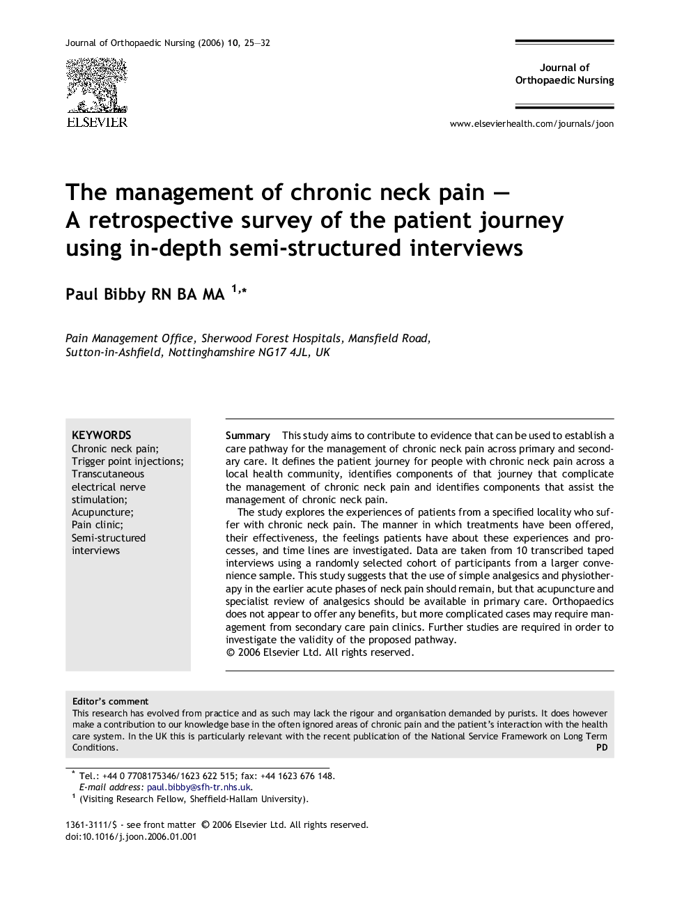 The management of chronic neck pain – A retrospective survey of the patient journey using in-depth semi-structured interviews