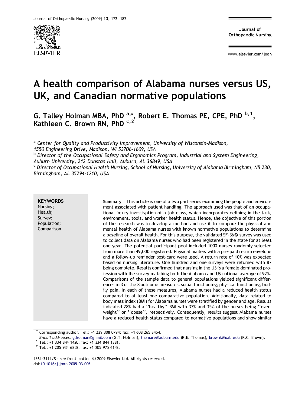 A health comparison of Alabama nurses versus US, UK, and Canadian normative populations