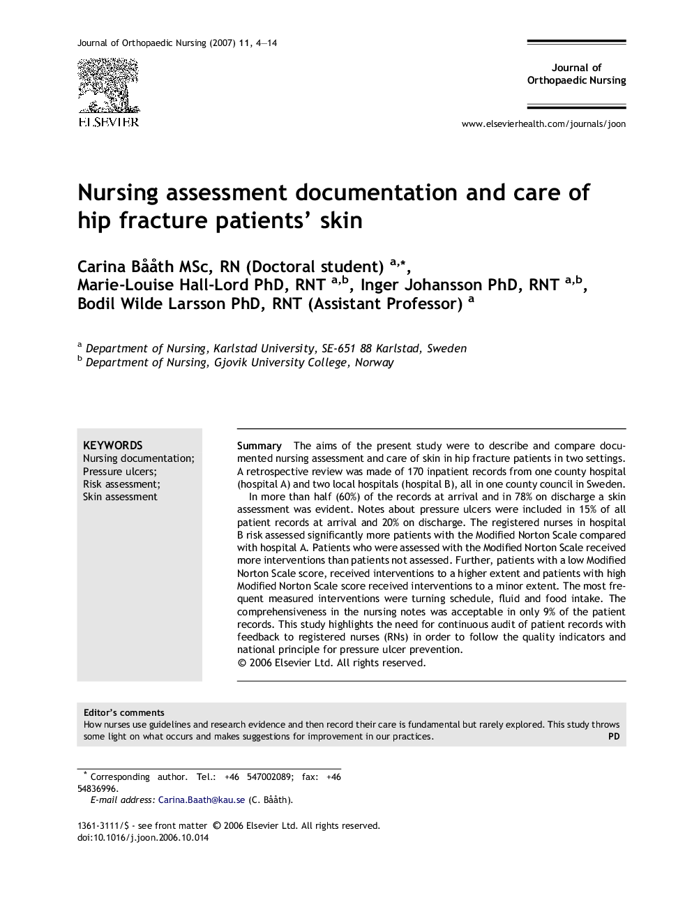 Nursing assessment documentation and care of hip fracture patients’ skin