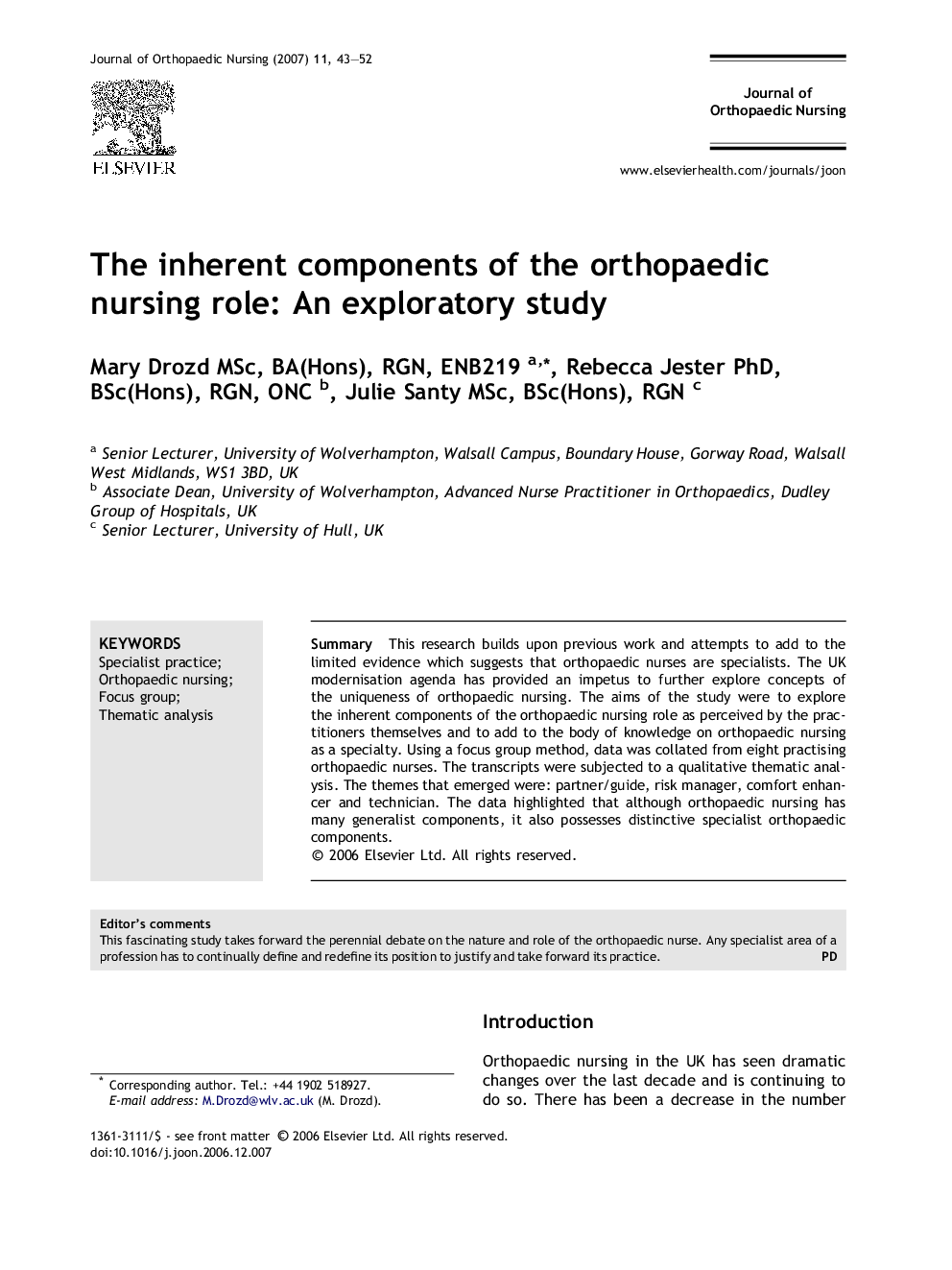 The inherent components of the orthopaedic nursing role: An exploratory study