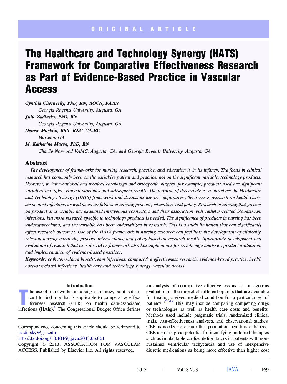 The Healthcare and Technology Synergy (HATS) Framework for Comparative Effectiveness Research as Part of Evidence-Based Practice in Vascular Access