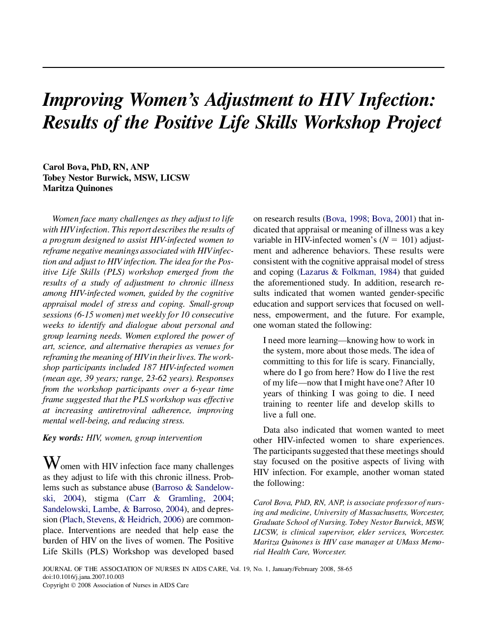 Improving Women's Adjustment to HIV Infection: Results of the Positive Life Skills Workshop Project