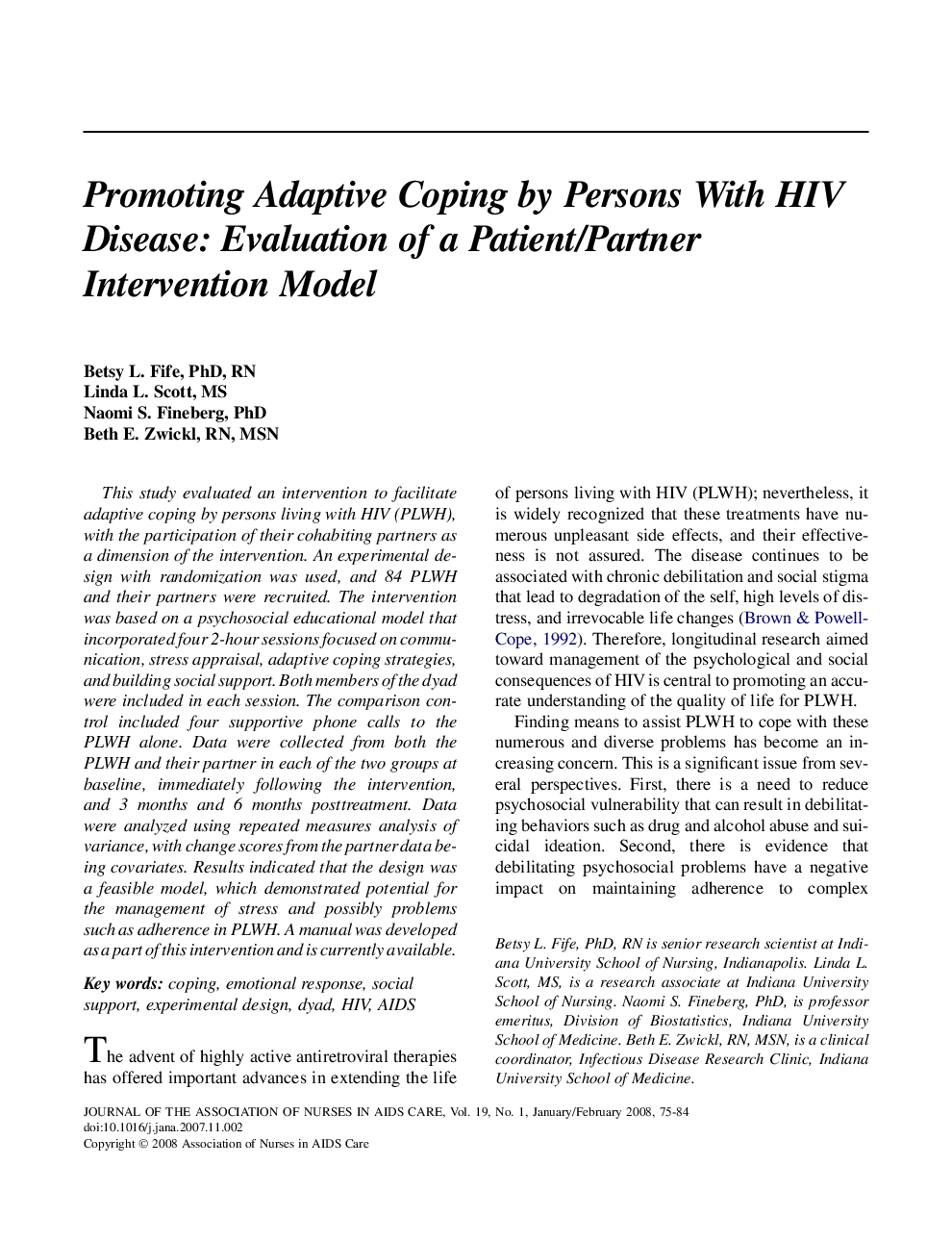 Promoting Adaptive Coping by Persons With HIV Disease: Evaluation of a Patient/Partner Intervention Model