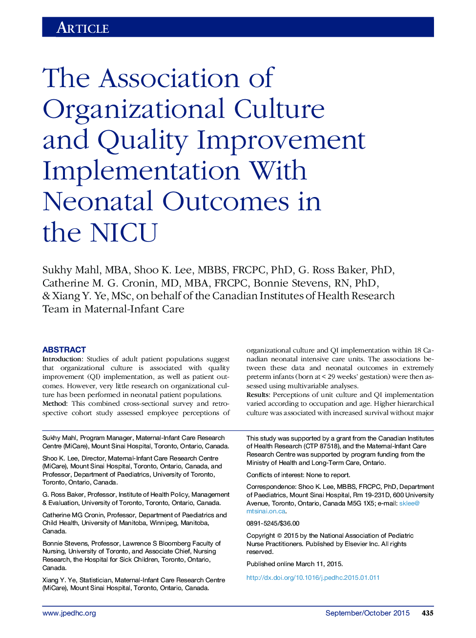 The Association of Organizational Culture and Quality Improvement Implementation With Neonatal Outcomes in the NICU 