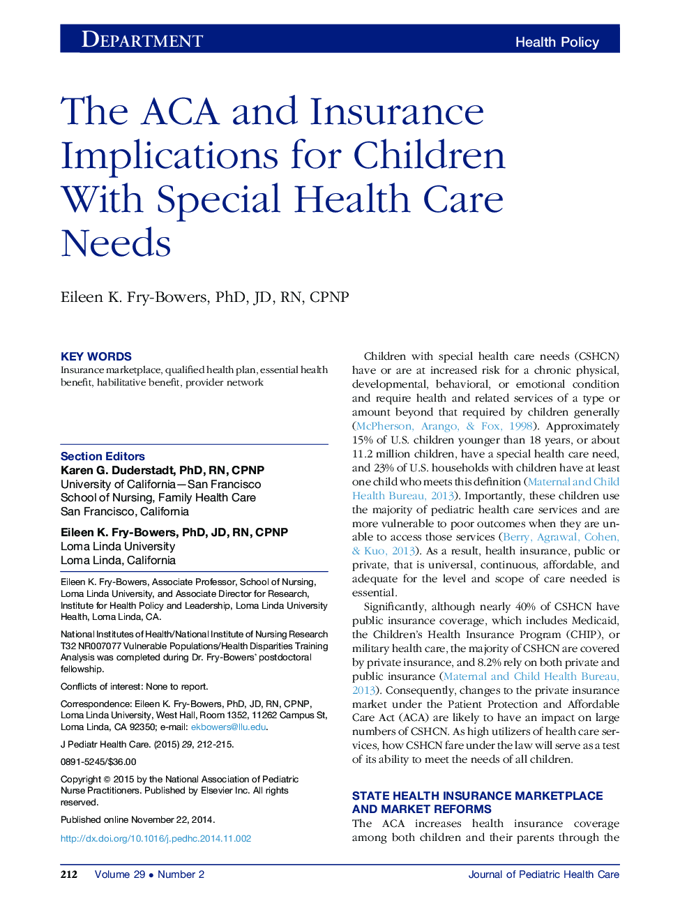 The ACA and Insurance Implications for Children With Special Health Care Needs