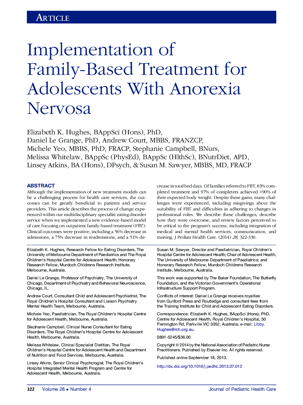 Implementation of Family-Based Treatment for Adolescents With Anorexia Nervosa 